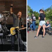 Springsteen and the E Street Band in action at Hampden in 2009 (L) and queues in Edinburgh for his upcoming performance this week (R).