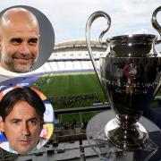 The Champions League trophy at the Ataturk Stadium in Istanbul, main picture, and Manchester City manager Pep Guardiola, inset top, and Inter Milan manager Simone Inzaghi, inset bottom