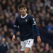 Aaron Hickey in action for Scotland during a UEFA Euro 2024 Qualifier between Scotland and Cyprus at Hampden