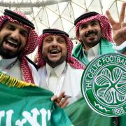 Saudi Arabian football fans at the World Cup in Qatar in November, main picture, and the Celtic club crest, inset