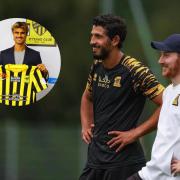 Ian Cathro, right, oversees an Al-Ittihad training session in Saudi Arabia, main picture, and Jota after signing for the Pro League champions, inset