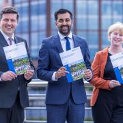 First Minister Humza Yousaf with minister for independence Jamie Hepburn and deputy first minister Shona Robison