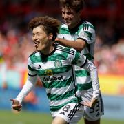 Celtic striker Kyogo Furuhashi celebrates his goal against Aberdeen at Pittodrie today
