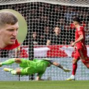 Aberdeen striker Bojan Miovski scores against Celtic at Pittodrie on Sunday, main picture, and Jack MacKenzie, inset