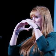 Labour's Angela Rayner makes the heart/love sign to TUC delegates in Liverpool