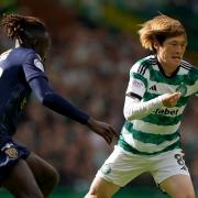 Celtic striker Kyogo Furuhashi, right, in action against Dundee at Parkhead on Saturday