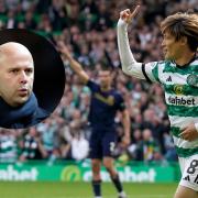 Celtic striker Kyogo Furuhashi celebrates scoring against Dundee at Parkhead on Saturday, main picture, and Feyenoord manager Arne Slot, inset