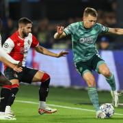 Celtic right back Alistair Johnston, right, in action against Feyenoord in the Champions League in Rotterdam on Tuesday night
