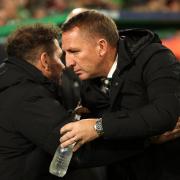 Brendan Rodgers greets Atletico manager Diego Simeone