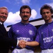New Rangers signing Trevor Francis, right, is welcome to Ibrox by manager Graeme Souness, centre, and chairman David Holmes, left