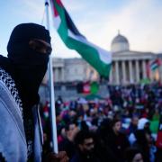 Pro-Palestinian demonstrators at an earlier protest in London
