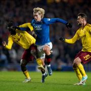 Rangers playmaker Todd Cantwell battles with two Sparta Prague players for the ball at Ibrox tonight