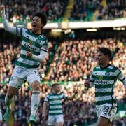 Yang Hyun-jun, left, jumps for joy after scoring his first goal for Celtic in their 6-0 rout of Aberdeen at Parkhead this afternoon