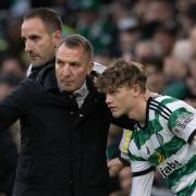 Celtic manager Brendan Rodgers with midfielder Odin Thiago Holm at Parkhead earlier this season