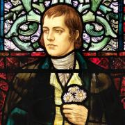 Robert Burns stained glass window in the Bute Hall at the University of Glasgow
