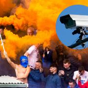 A Rangers fan wearing a balaclava sets off a smoke bomb at Rugby Park at the start of the season, main picture, and a CCTV camera, inset