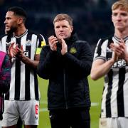 Newcastle head coach Eddie Howe, centre, was left furious by the controversial penalty which cost his side victory in Paris (Owen Humphreys/PA)