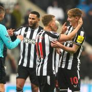Newcastle’s match-winner Anthony Gordon (right) is congratulated by team-mate Matt Ritchie after the final whistle (Owen Humphreys/PA)