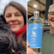 BRAVEHOUND CEO Fiona MacDonald with mascot Gwyneth and James McNeil, founder of G.H.Q. Spirits, with the new special edition gin