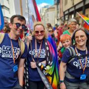 Chief executive of LGBT Youth Scotland Dr Mhairi Crawford (right) with youth activists at Edinburgh Pride