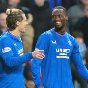 Rangers forward Abdallah Sima, right, is congratulated on his goal against Kilmarnock at Ibrox today by his team mate Todd Cantwell