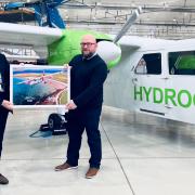 Paul Hutton of Cranfield Aerospace and Andy Smith of Loganair with hydrogen-electric Britten-Norman Islander