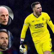 Rangers goalkeeper Jack Butland, main picture, Ibrox manager Philippe Clement, inset top, and Gareth Southgate, inset bottom
