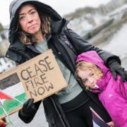 A woman and child at the Gaza protest on the Isle of Bute