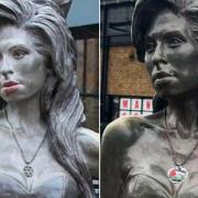 The Star of David necklace on the statue of Amy Winehouse in London has been defaced by a pro-Palestinian sticker