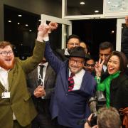 George Galloway holds a rally at his Rochdale Headquarters after being declared winner of the Rochdale by-election