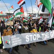 Pro Palestine demonstration at the Emirates Arena, Glasgow where the World Athletics Indoor Championships is currently under way...  Photograph by Colin Mearns.2 March 2024.