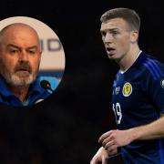 Lewis Ferguson in action for Scotland, main picture, and national team manager Steve Clarke, inset