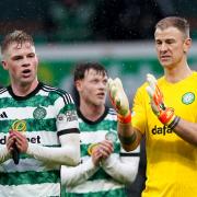Stephen Welsh, left, and Joe Hart applaud the Celtic supporters after their 3-1 win over St Johnstone at Parkhead on Saturday