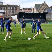 Scotland's players train at Lesser Hampden ahead of their friendly against the Netherlands in Amsterdam on Friday