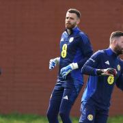 Craig Gordon (far right) is battling it out with the three other keepers in Steve Clarke's current Scotland squad for a place at the European Championships this summer.