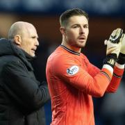 Rangers manager Philippe Clement, left, with goalkeeper Jack Butland