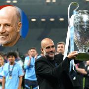 Manchester City manager Pep Guardiola lifts the Champions League trophy last season, main picture, and Rangers manager Philippe Clement, inset