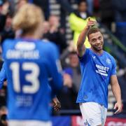 Rangers striker Cyriel Dessers celebrates his second goal against Hearts in the Scottish Gas Scottish Cup semi-final at Hampden this afternoon