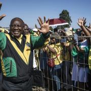President of South Africa Cyril Ramaphosa greets supporters during an ANC election rally on May 17, 2024, at Lakhis Sports Ground in Greytown, KwaZulu-Natal, South Africa