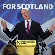 Leader of the Scottish National Party (SNP) John Swinney gives a speech at the launch of the SNP's General Election campaign