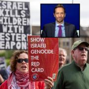 Campaigners and charities hold a protest ahead of the Scotland Women v Israel Women Euro 2025 qualifying fixture at Hampden Park in Glasgow, calling for an immediate ceasefire in Gaza on Friday. Inset (left) Jackson Carlaw and (right) Oren Marmorstein