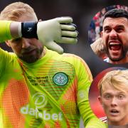 Celtic goalkeeper Kasper Schmeichel, main picture, Aberdeen keeper Dimitar Mitov, inset top, and Aberdeen wing-back Alexander Jensen, inset bottom