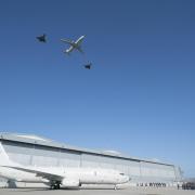 Flypast of a Poseidon MRA1 and two Typhoon aircraft at RAF Lossiemouth.