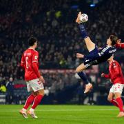 Scotland's Scott McTominay scoring the opening goal during the FIFA World Cup European Qualifying match at Hampden Park, Glasgow.