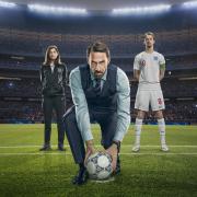 Pippa Grange (Jodie Whittaker),  Gareth Southgate (Joseph Fiennes) Harry Kane (Will Antenbring) in Dear England.