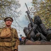 Scott Knowles dressed as WW1 Tommy from the Manchester Regiment, at the unveiling of a new war memorial in Hamilton Square in Birkenhead.Photo: Peter Byrne/PA Wire