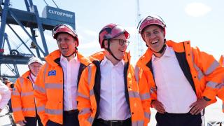 Scottish Labour leader Anas Sarwar, Labour Party leader Sir Keir Starmer and shadow secretary of state for energy Ed Miliband visit Port of Greenock on the campaign trail