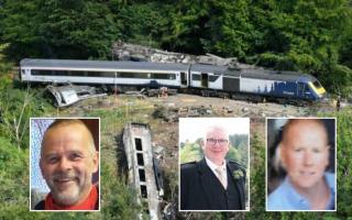 The fatal Carmont rail crash with (inset) the victims (from left)  passenger Christopher Stuchbury, ScotRail conductor Donald Dinnie and  driver Brett McCullough,