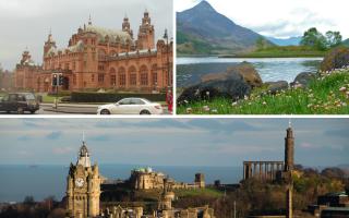 (top left clockwise) Glasgow Kelvingrove Museum, Scottish Highlands, Edinburgh skyline. Credit: Canva