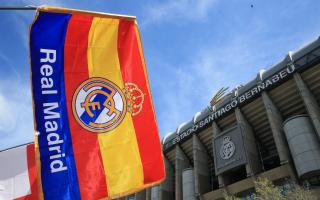 A general view of a Real Madrid flag outside of the Santiago Bernabeu
